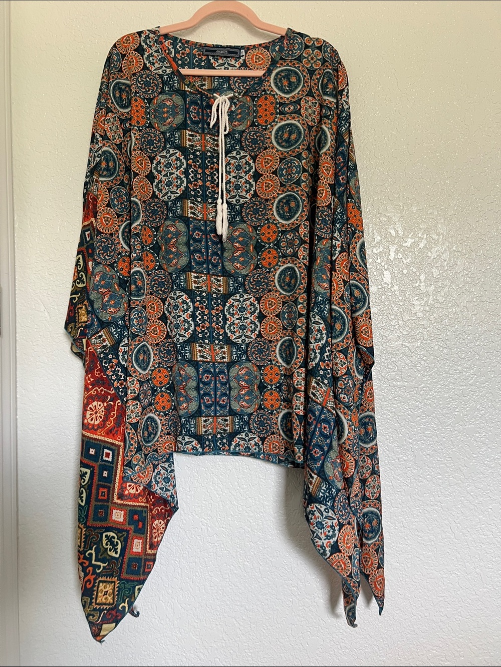 Boho Tile Print Swim Coverup in Teal & Rust - Lightweight Beach Kimono